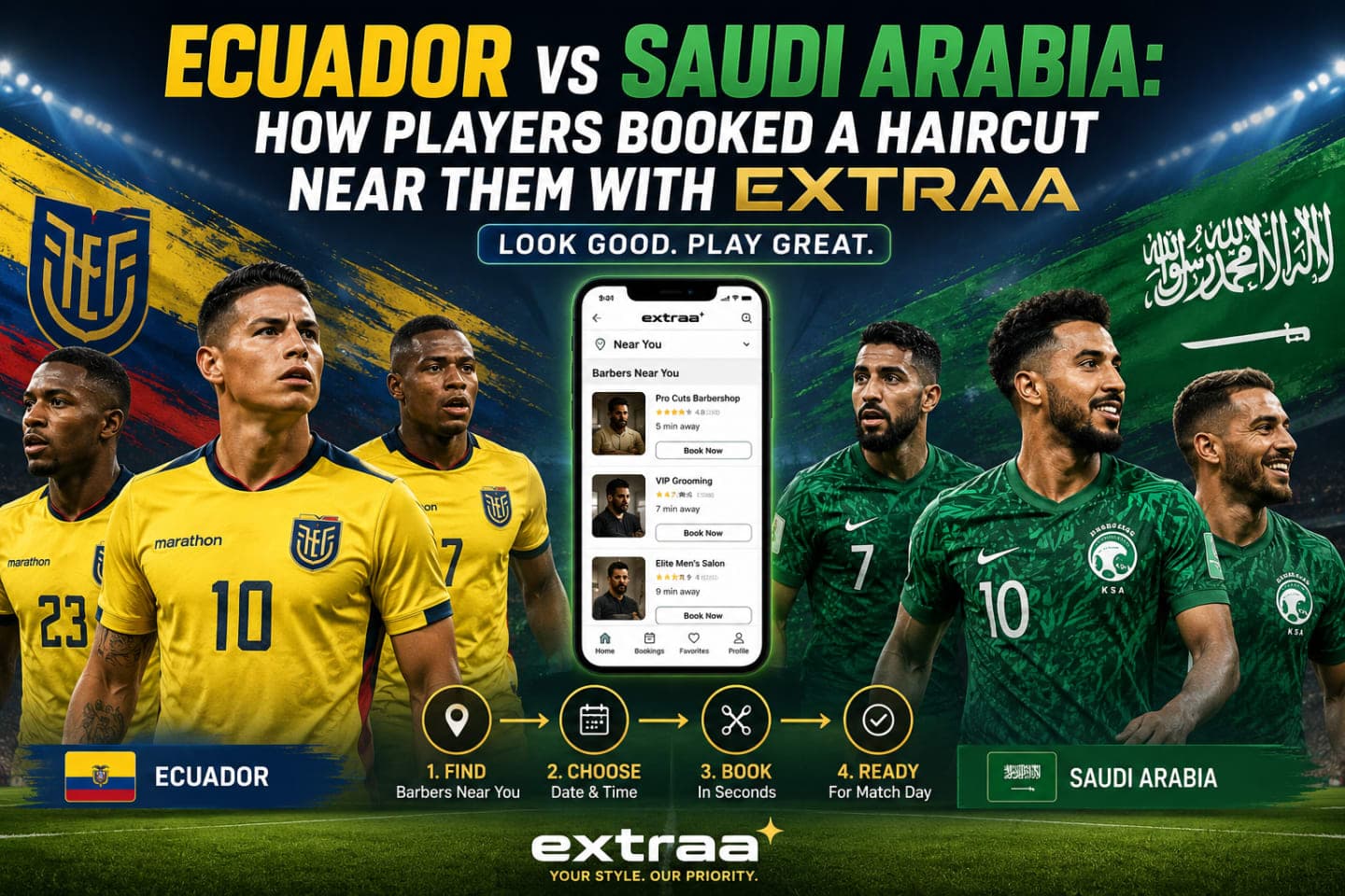 Ecuador and Saudi Arabia football players booking haircuts through Extraa before an international match